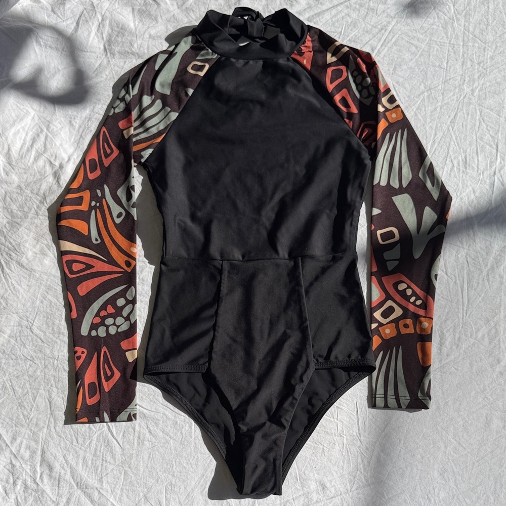 Seea Long Sleeve One-Piece Swimsuit in Black with Multicolor Print Sleeves